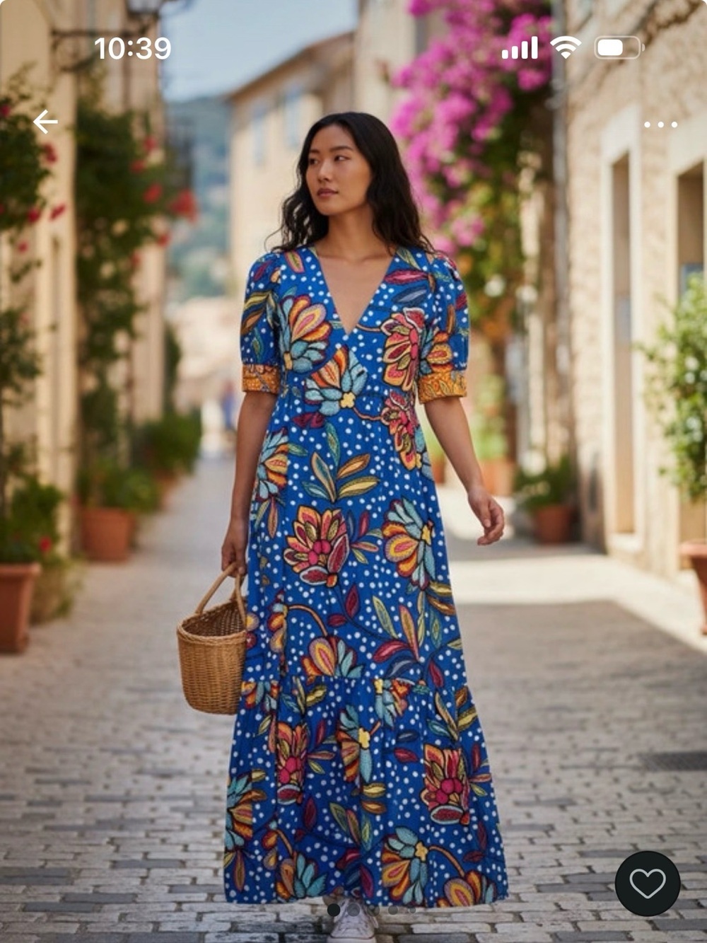 Blue Floral V-Neck Maxi Dress with Short Puff Sleeves
